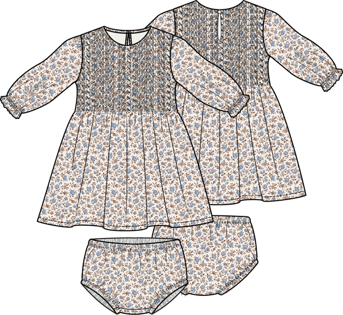 Baby girl smocked dress with blue floral print and matching bloomers, long sleeve boutique outfit