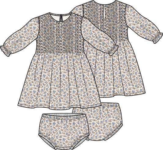 Baby girl smocked dress with blue floral print and matching bloomers, long sleeve boutique outfit