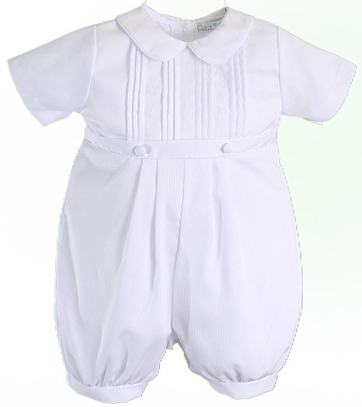 Baby white heirloom romper with Peter Pan collar, pintuck detailing, short sleeves, and snap bottom on white background.
