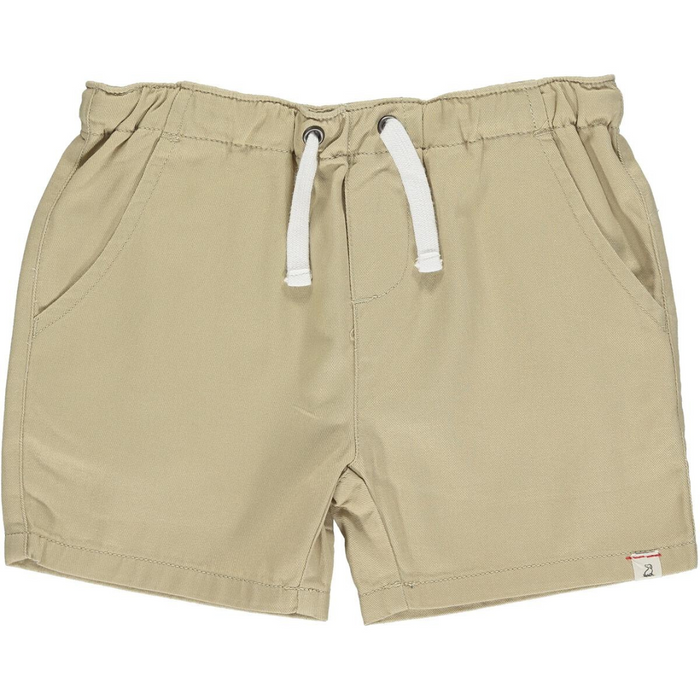 Boys stone colored twill pull-on shorts with elastic waistband, white drawstring, and front pockets on white background.