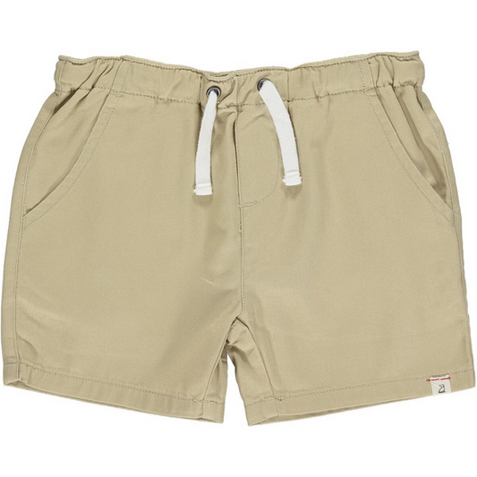 Boys stone colored twill pull-on shorts with elastic waistband, white drawstring, and front pockets on white background.
