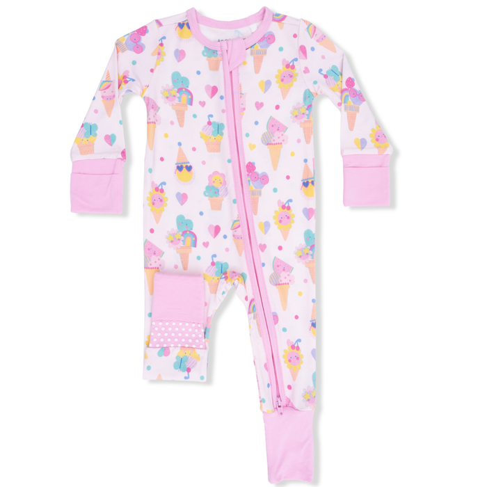 baby convertible sleeper romper in pink with a whimsical ice cream print