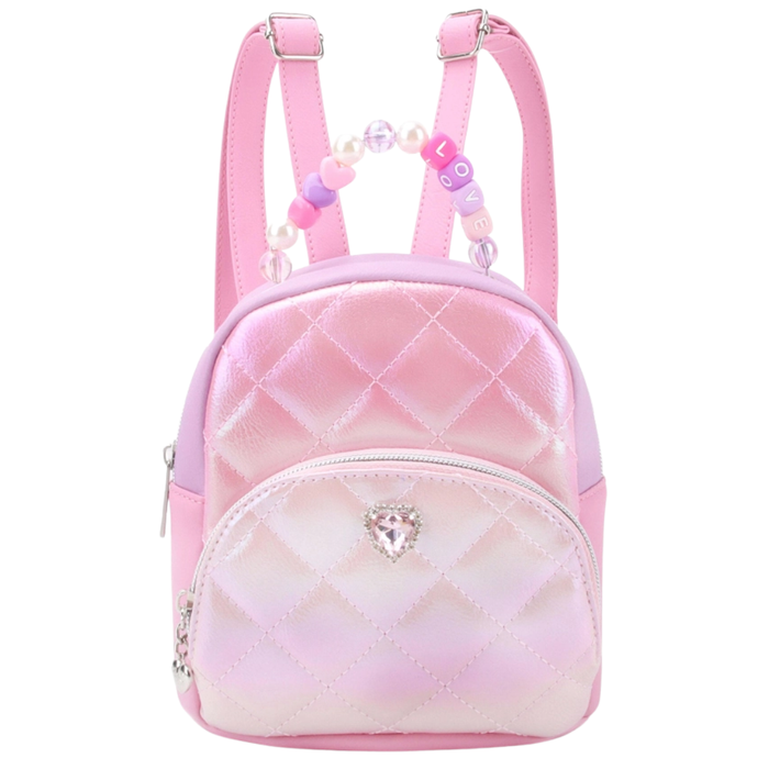 Pink iridescent quilted mini backpack with colorblock sides, beaded handle with love letters, and rhinestone heart detail