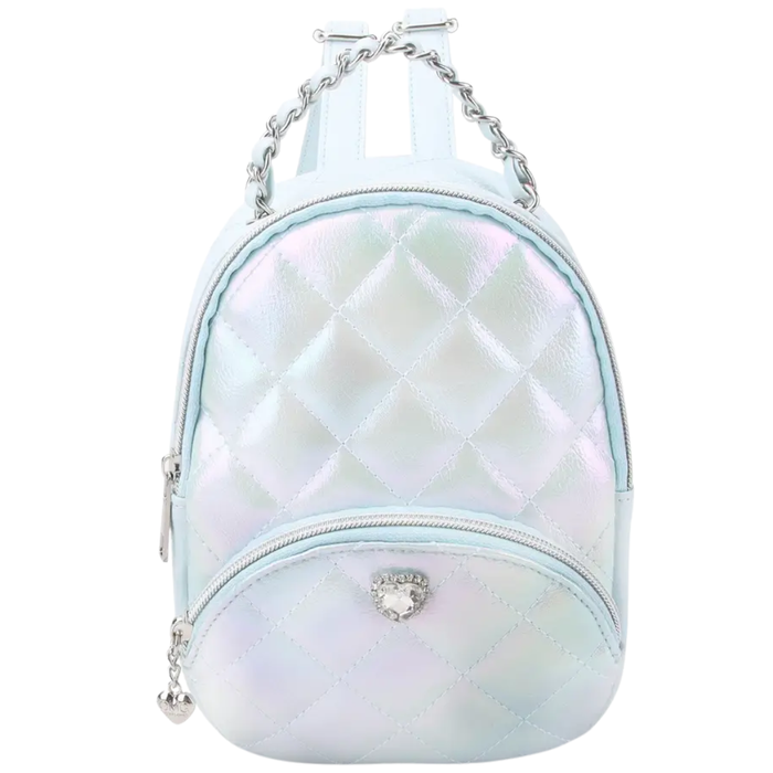 Iridescent pastel quilted mini backpack with silver chain handle and rhinestone heart detail on front pocket