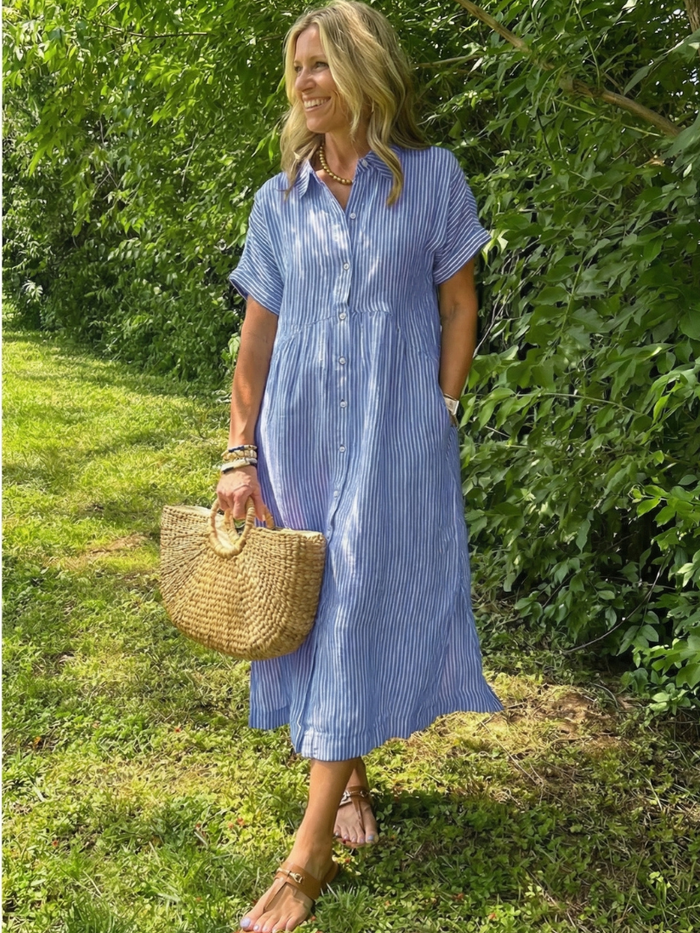 Ismeria | Short Sleeve Button Front Striped Midi Dress