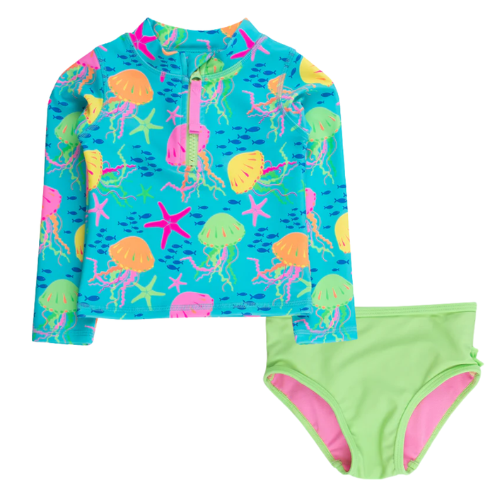 Neon jellyfish long-sleeve aqua rashguard with colorful sea creatures, paired with lime green swim bottoms.