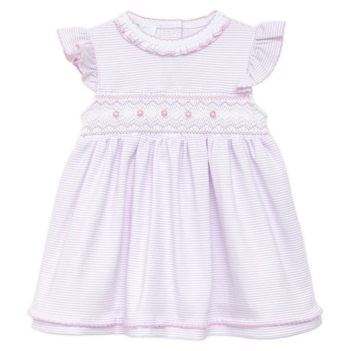 Pink striped baby dress with smocked rosette detail, flutter sleeves, ruffled neckline, and flowy skirt on a white background