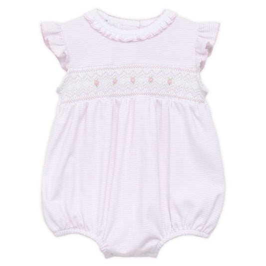 Pink striped baby bubble romper with smocked chest, ruffled neckline, flutter sleeves, and snap closure on a white background