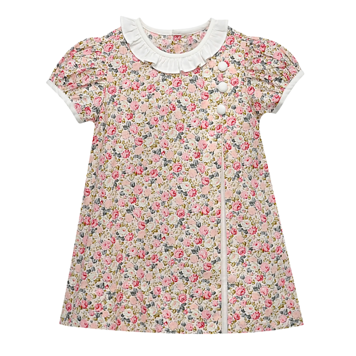 Girls’ short-sleeve A-line dress featuring a multicolor garden floral print, white ruffle collar, and three covered buttons.