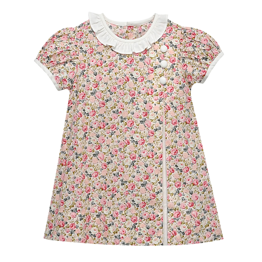 Girls’ short-sleeve A-line dress featuring a multicolor garden floral print, white ruffle collar, and three covered buttons.