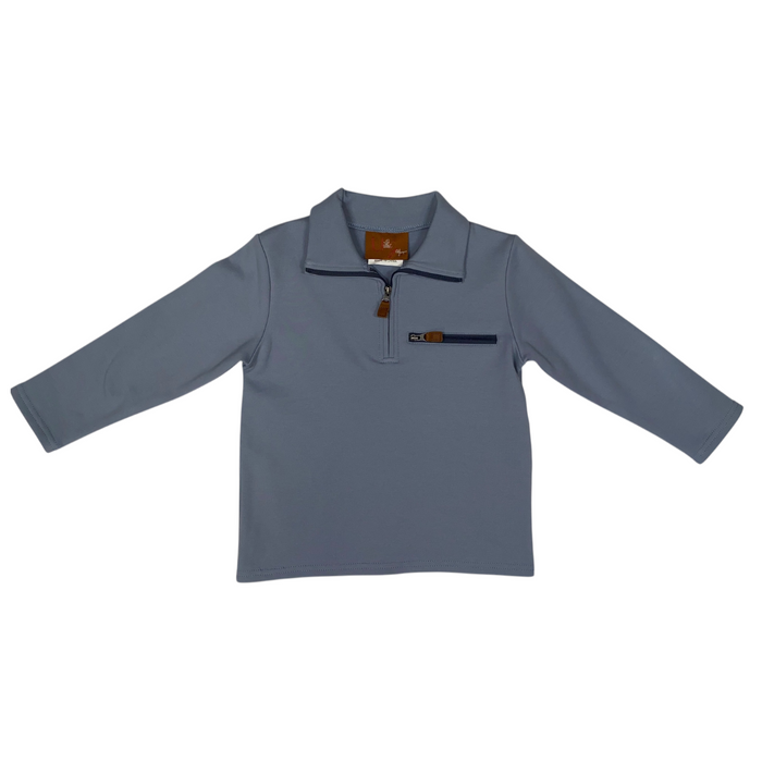 long sleeve quarter zip pullover with zipper pocket on the left breast side and leather zipper pulls