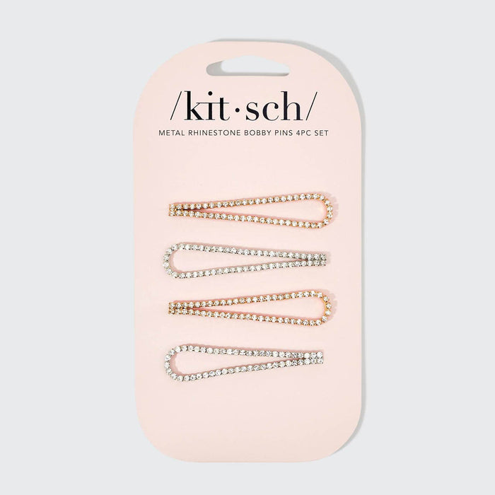 KITSCH Metal Rhinestone Drop Bobby Pins 4pc Set - Gold/Silver