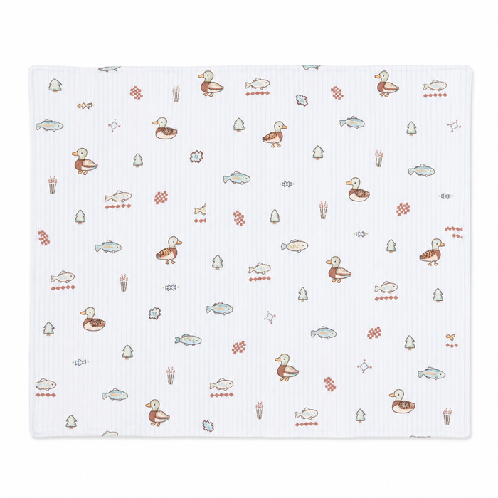 Duck and lake baby swaddle blanket with blue pinstripe pattern, soft lightweight newborn blanket