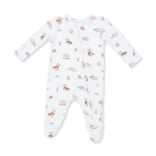 Duck and fish print baby footie with zipper closure and footed design on pinstripe background