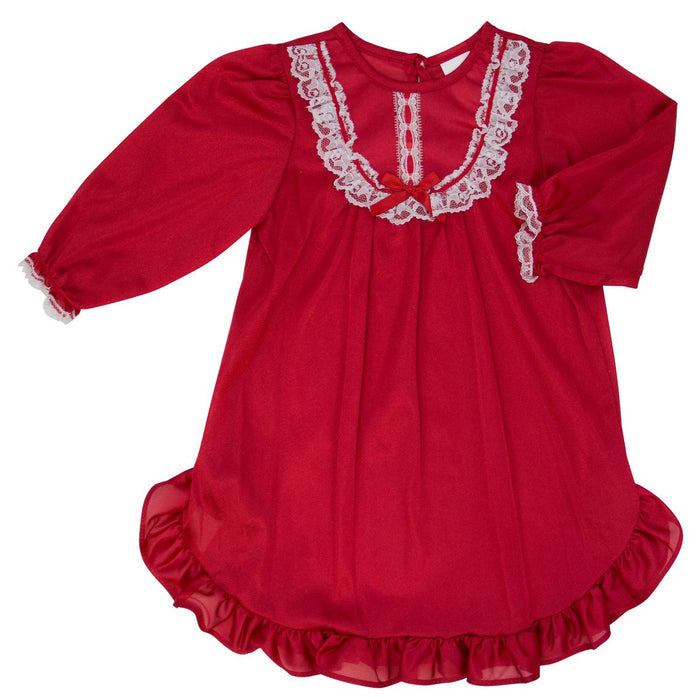 red gown with lacing by the neckline and a little red bow.