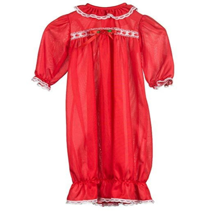 red saque with white lace and a red bow.