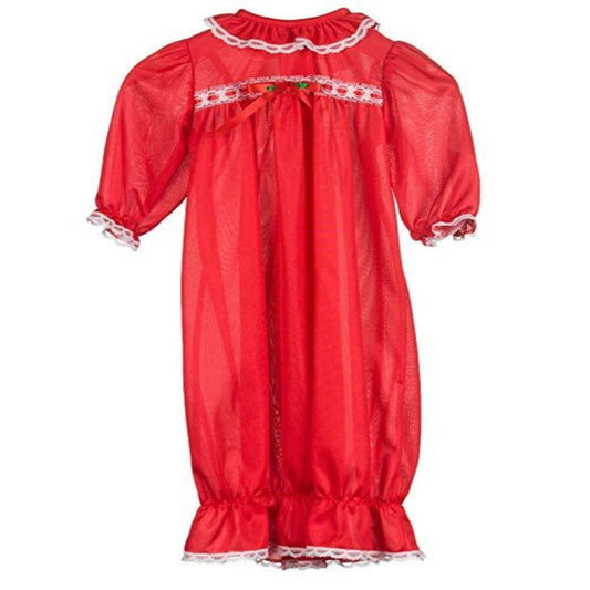 red saque with white lace and a red bow.