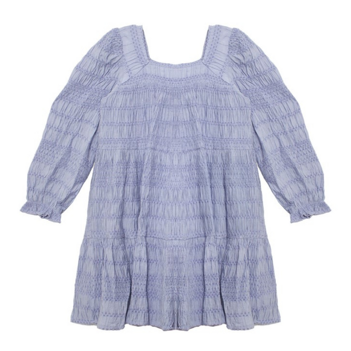 Front view of a blue girls' dress with textured smocking, square neckline, and gathered sleeves.
