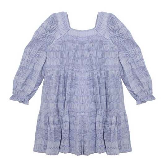 Front view of a blue girls' dress with textured smocking, square neckline, and gathered sleeves.