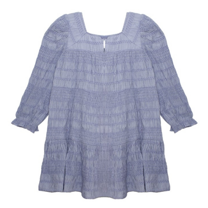 Back view of a blue smocked girls' dress with long puff sleeves and tiered skirt.