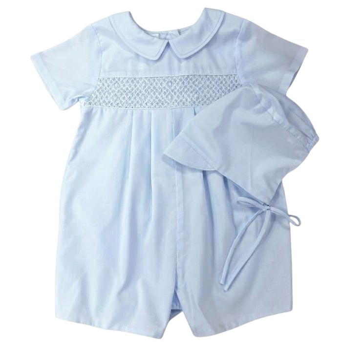 Light Blue Geometric Smocked Shortall