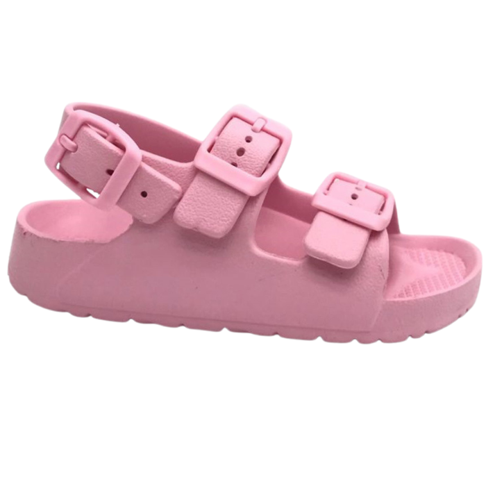 Pink girls EVA double buckle sandals with white buckles and chunky sole.