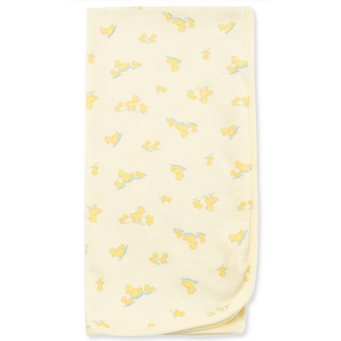 Soft yellow baby blanket featuring playful duckling print all over, ideal for swaddling or cuddling.