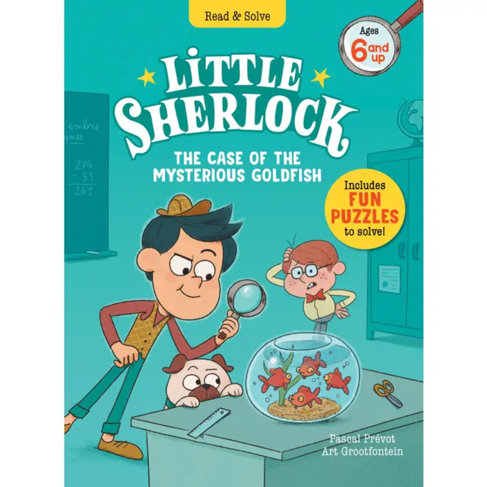 Two images of the book "Little Sherlock: The Case of the Mysterious Goldfish" are shown. The first image is the cover, featuring Little Sherlock and a friend looking at a goldfish bowl with a magnifying glass. The second image shows an inner page with an illustration of Little Sherlock sneaking down a hallway at night and a short text blurb describing the scene.