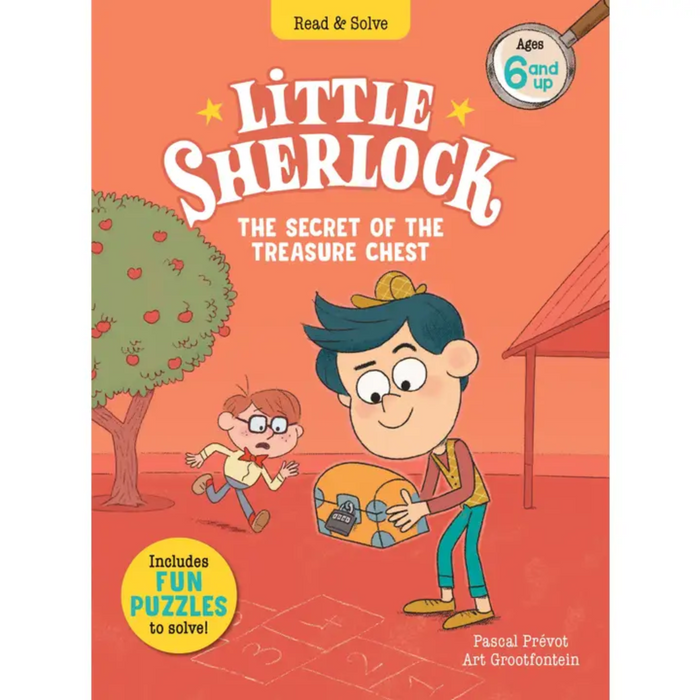 Two images of the book "Little Sherlock: The Secret of the Treasure Chest" are shown. The first image is the cover, featuring Little Sherlock and a friend carrying a treasure chest. The second image shows an inner page with an illustration of Little Sherlock and his friends in a schoolyard, trying to open a locked treasure chest.