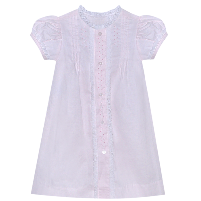 Baby girls pale pink heirloom daygown with puff sleeves, lace trim, and embroidered front detail on white background