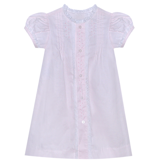 Baby girls pale pink heirloom daygown with puff sleeves, lace trim, and embroidered front detail on white background
