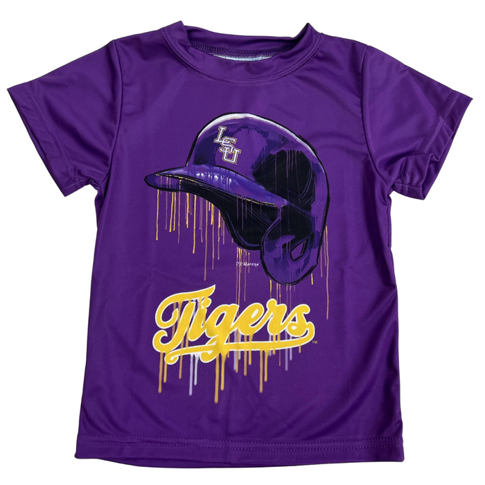 LSU Baseball Dripping Helmet Performance Tee featuring vibrant LSU colors, baseball helmet graphic, and quick-dry athletic fabric.