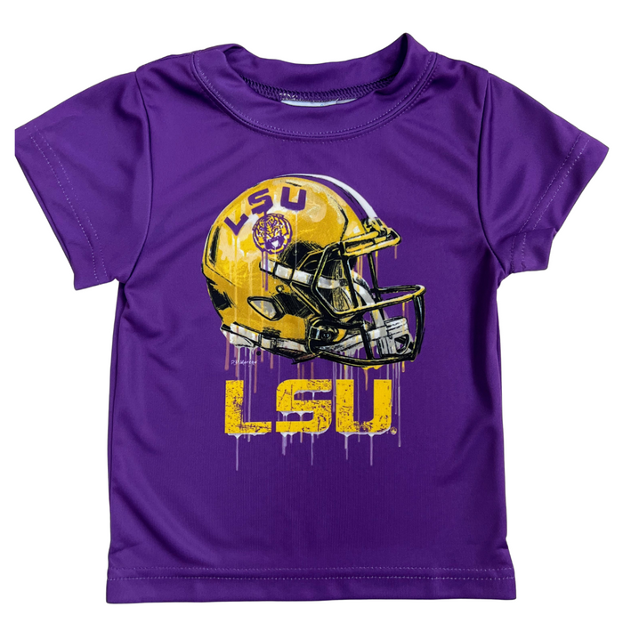 purple lsu perfomance tee with football helmet