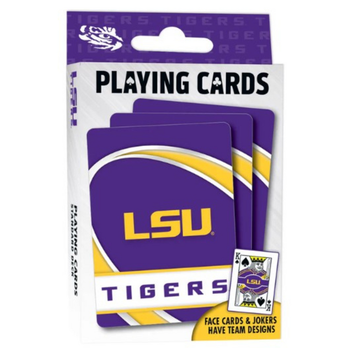 Packaging for LSU Tigers playing cards featuring the team's logo in purple and yellow on a white background. The pack includes a standard 52-card deck and 2 jokers.