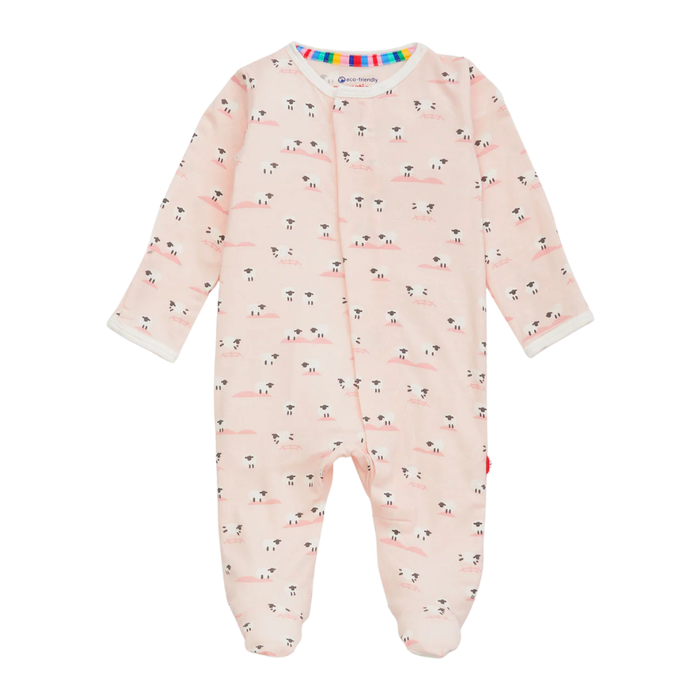 Pink sheep print baby modal footie with long sleeves and built-in feet on white background