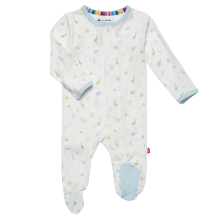 Blue modal baby footie with zoo animal print and magnetic closures, made for softness, comfort, and easy diaper changes.