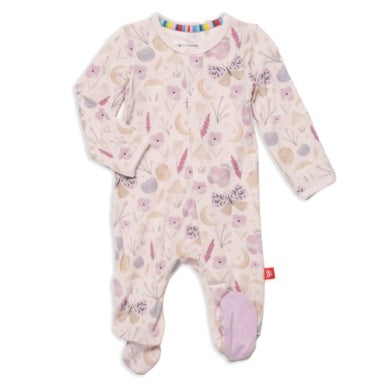 light pink footie with an organic flower print.