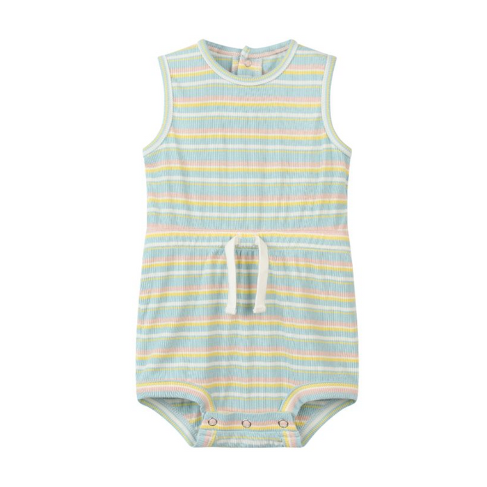 Baby pastel striped ribbed bubble romper with sleeveless design and snap closure
