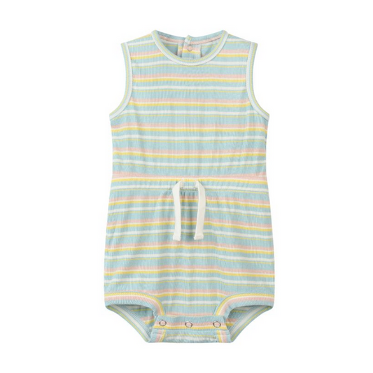 Baby pastel striped ribbed bubble romper with sleeveless design and snap closure