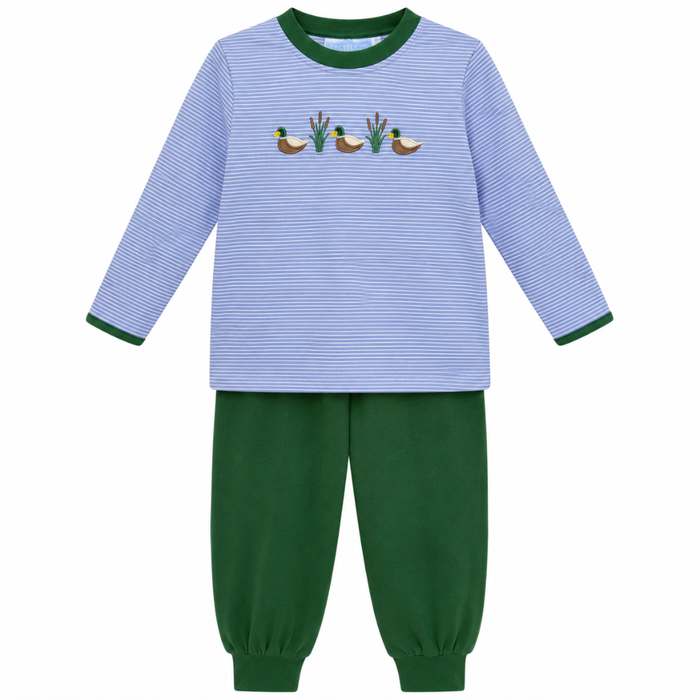 Boys two-piece outfit with blue striped long sleeve top featuring mallard duck embroidery and solid green pants.