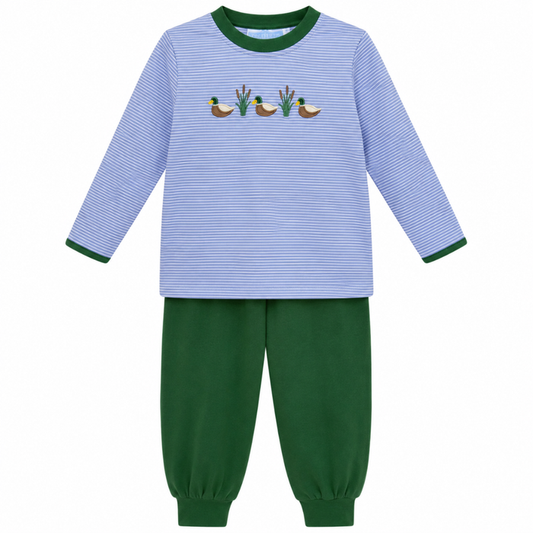 Boys two-piece outfit with blue striped long sleeve top featuring mallard duck embroidery and solid green pants.