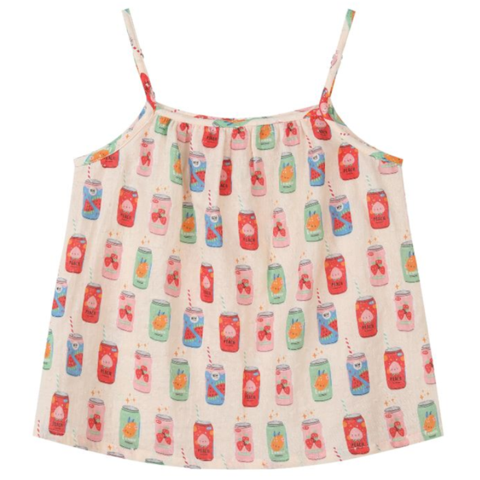 A sleeveless  muslin  top with thin adjustable spaghetti straps, featuring an all-over print of colorful beverage cans on a light cream background.