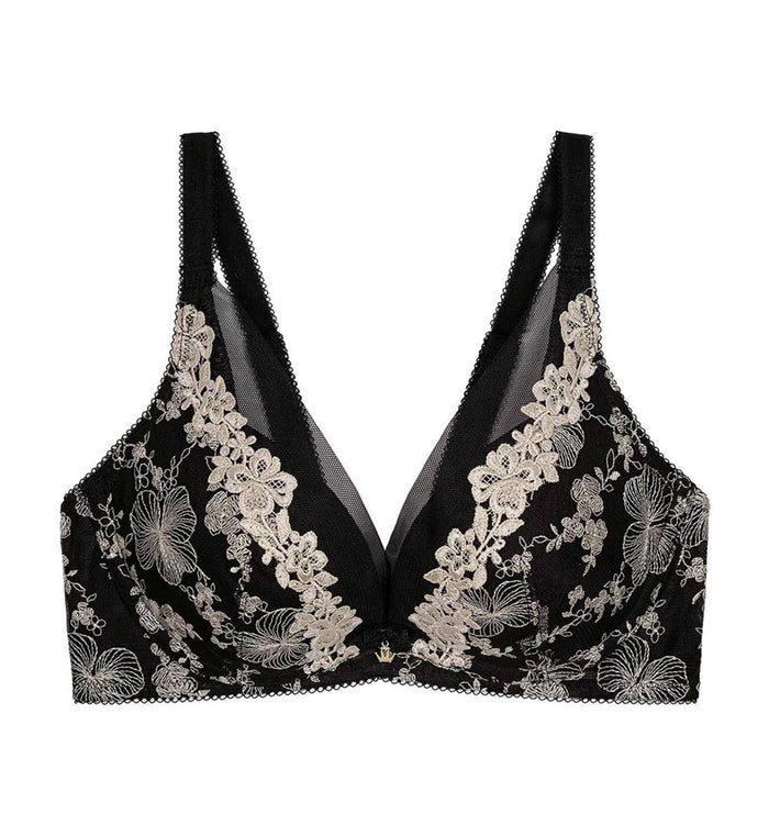 MALLOW EMBROIDERY NON-WIRED PUSH UP DEEP V BRA - BLACK