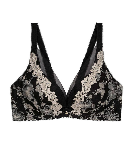 MALLOW EMBROIDERY NON-WIRED PUSH UP DEEP V BRA - BLACK