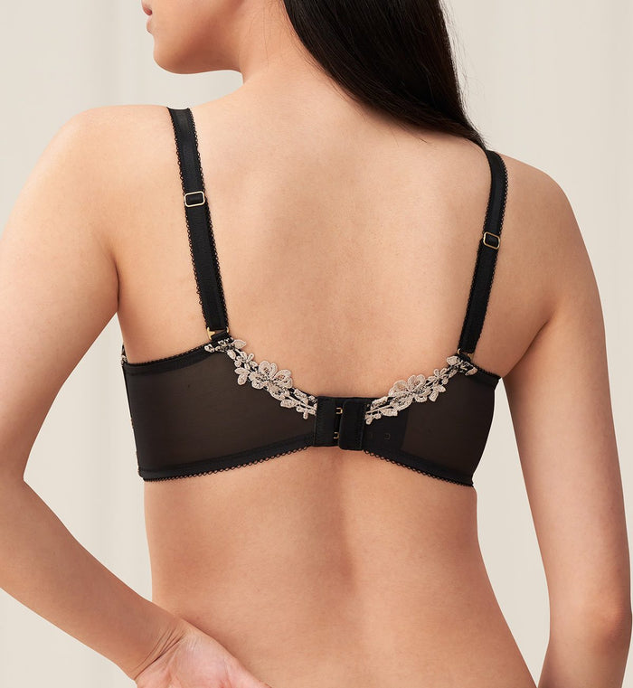 MALLOW EMBROIDERY NON-WIRED PUSH UP DEEP V BRA - BLACK