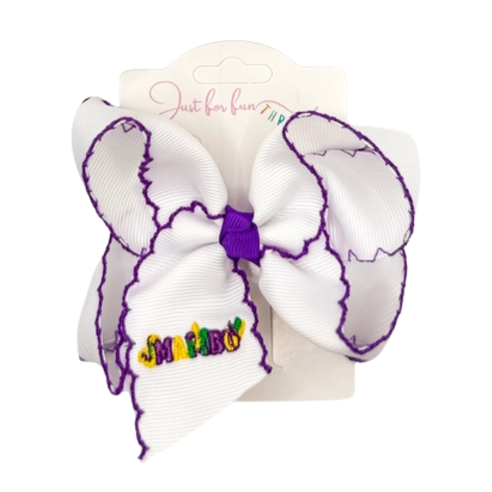 White and purple bow with colorful text on a white background