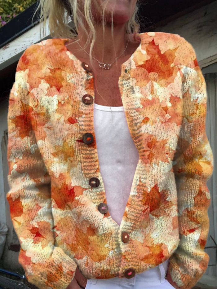 Maple Leaf Autumn Art Print Buttoned Cardigan Sweater