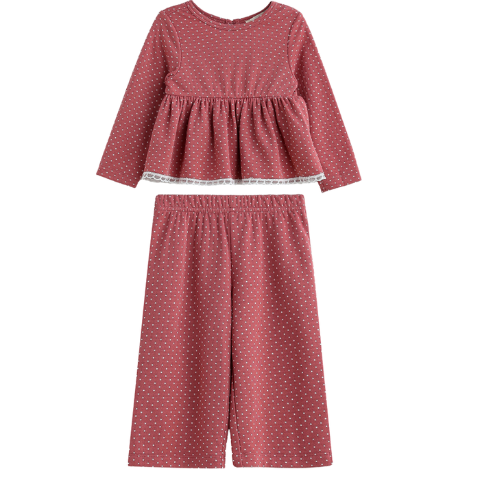 Girls rose polka dot long sleeve peplum top with matching wide leg pants set on a white background.