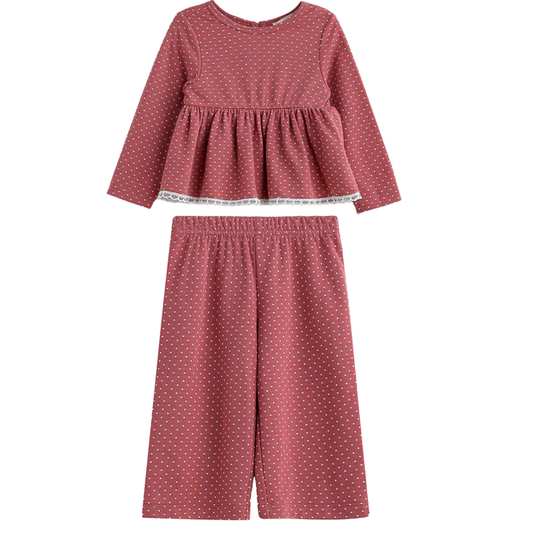 Girls rose polka dot long sleeve peplum top with matching wide leg pants set on a white background.