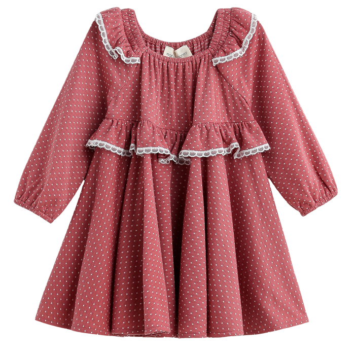 Girls rose polka dot long sleeve dress with peplum ruffle and lace trim on a white background.